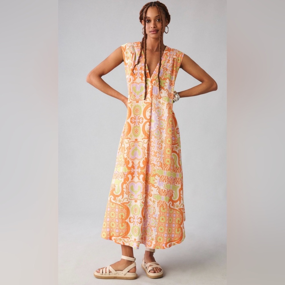 Anthropologie Maeve Printed V-Neck Maxi Dress.